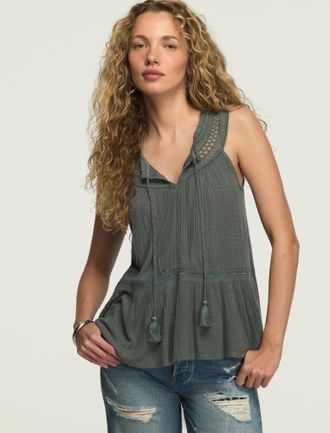 Lucky Brand Womens Peplum Lace Trimmed Tank