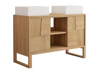 Vente-Unique Mueble de ba&ntilde;o con patas de teca con lavabo cuadrado de cer&aacute;mica sobre encimera - An. 120 cm - MATARAM