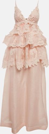Zimmermann Light Orange Linen Blend Tiered Lace Maxi Dress