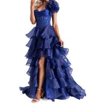 Rachel Allan Sweetheart Basque Ruffled Tier Prom Gown In Navy
