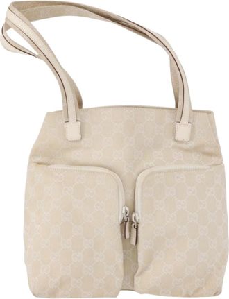 Gucci Double Pocket Tote Gg Canvas Ecru Canvas Handbag (Pre-Owned)