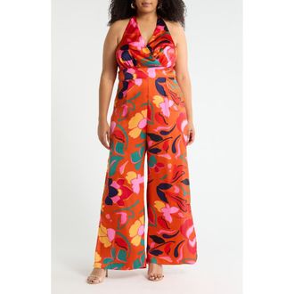 Sugarlips Magic Moment Floral Halter Jumpsuit in Orange Multi at Nordstrom, Size 2 X