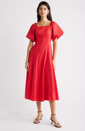 Nordstrom Seam Detail Linen Blend Midi Dress in Red Saucy at Nordstrom, Size Xx-Small