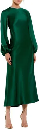 Mac Duggal Petite Crystal Embellished High Neck Satin Dress in Emerald at Nordstrom, Size 12
