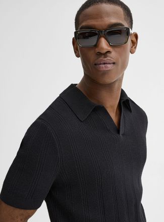 Le 31 Mens Openwork knit Johnny-collar Polo Shirt