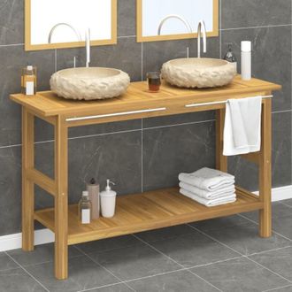 vidaXL Tocador De Ba&ntilde;o Madera Maciza De Teca Con Lavabos M&aacute;rmol Crema Vidaxl