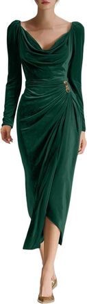 Generic Cocktail Dresses Over 50S, Ladies Evening Party Dresses Womens Velvet Wrap Cowl Neck Sleeve Ruched Midi Dress Drape and Asymmetric Hem Festive Outfits