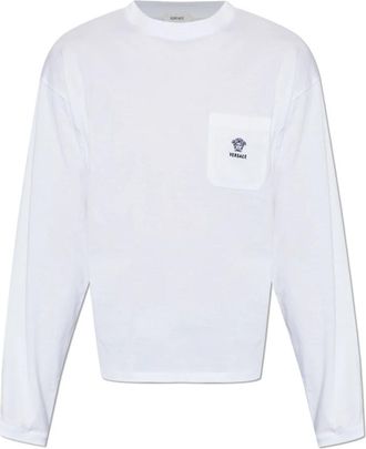 Versace Embroidered Cotton-Jersey T-Shirt - Heren - Longsleeves - Wit - XL - Katoen - Tops