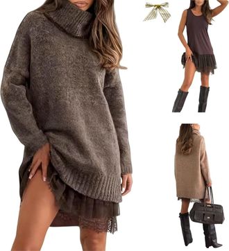 Generic Womens Turtleneck Sweater Mini Dress Set,2 Piece Loose Turtle Neck Tops Sweater Skirt,Elegant Lace-Trim Slip Dress Sets (Brown, M)