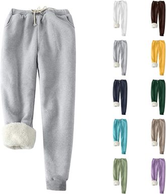Generic Petite Joggers for Women Fleece Lined Trousers Women Fluffy Sherpa Thermal Sweatpants Elastic Waisted Drawstring Solid Joggers Winter Warm Soft Tracks