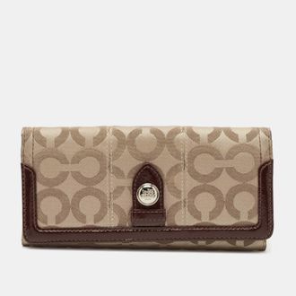 Coach Beige/brown Signature Canvas And Patent Leather Flap Continental Wallet