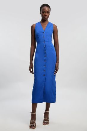 Karen Millen Womens Tailored Linen Corset Back Detail Maxi Dress - Blue Lyocell - Size 10 UK