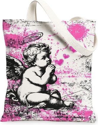 Generic Angel Canvas Tote Bags, Vintage Cherub Design Reusable Grocery Bags, Artistic Lightweight Washable Canvas for Travel Beach, Peach, 13x15 Inch