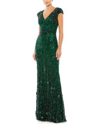 Mac Duggal Embellished V-Neck Cap Sleeve Sequin Gown