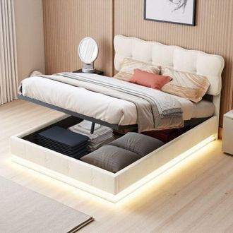 OEM Cama Cofre 140x200 - Mecanismo Hidr&aacute;ulico Silencioso - Terciopelo Beige - Iluminaci&oacute;n Rgb