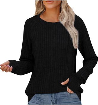 Generic Jumper Womens Tops Kinted Sweatshirt with Thumb Hole Ribbed Striped Sweater Blouse Lightweight Fall Winter Jumpers Long Sleeve Round Neck Sweatshirts 