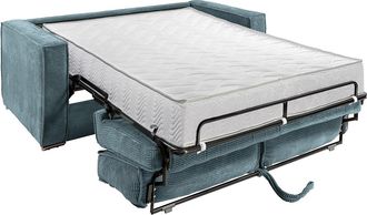 Vente-Unique Sof&aacute; cama de 3 plazas con apertura italiana de pana turquesa - Somier de l&aacute;minas anchas de 140 cm - Colch&oacute;n viscoel&aacute;stico de 22 cm LORETO