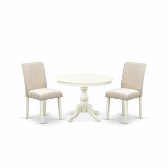 East West Furniture HBAB3-LWH-02 3 Piece Dining Table Set - Linen White Round Dining Table and 2 Light Beige Linen Fabric Comfortable Chairs with High Back - Linen White 