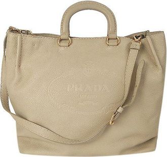 Prada Beige leather logo embossed tote bag