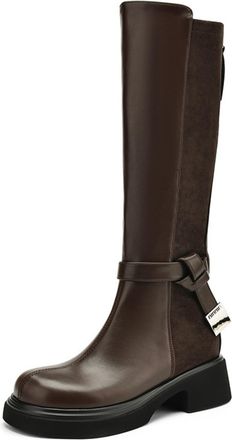 Generic Womens Round Toe Knee High Boots Faux Leather And Suede Panel Chunky Heel Stylish Comfortable Slip Resistant Wear Resistant For Fashion Leisure Daily,