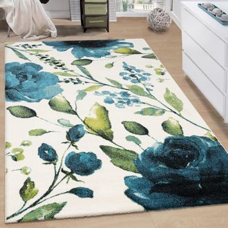 Paco Home Paco Home - Alfombra Pelo Corto Salon Motivo Floral Moderna Motivo Flores Suave Crema Azul 160x230 Cm