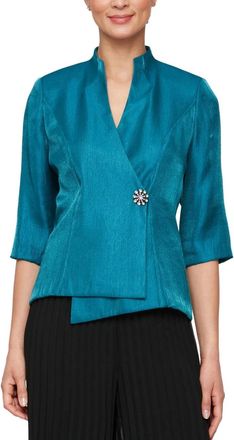 Alex Evenings Wrap Top Womens Teal Shawl Collar Surplice Neck Blouse PALL4
