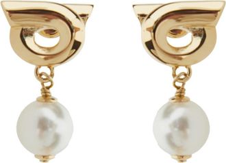 Ferragamo Gold Gancini Gold Colored Pendant Earrings with Synthetic Pearls in Brass Woman