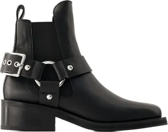 Ganni Womens Buckle-Strap Leather Ankle Boot Black
