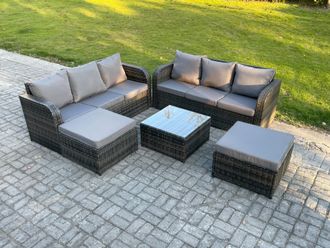 Fimous Indoor Outdoor Rattan Garden Furniture 8 Seater Set Table Sofa Chair Patio Conservatory with Grey Cushions 2 Big Footstool in Dark Grey