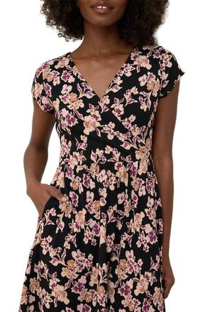 Pact Organic Cotton Fit & Flare Crossover Dress in Scattered Posies Black at Nordstrom, Size X-Large