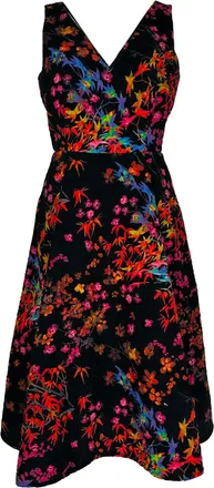 Saloni Floral-Print V-Neck Midi Dress in Multicolor Polyester