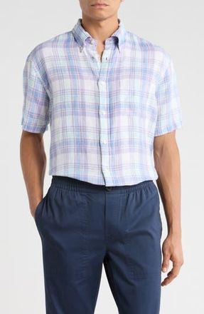 Brooks Brothers Regular Fit Plaid Short Sleeve Linen Button-Up Shirt in Navy Multi Plaid at Nordstrom Rack, Size Xx-Large