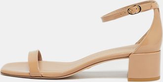 Stuart Weitzman Beige Leather Bambina Block Heel Ankle Strap Sandals