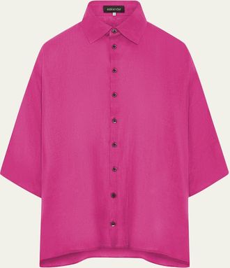 Eskandar Sloped Shoulder Wide A-Line Short Sleeve Shirt With Collar - Mid Length