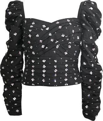 Self Portrait Sequin-Embellished Puff-Sleeve Ruched Top in Black Polyester
