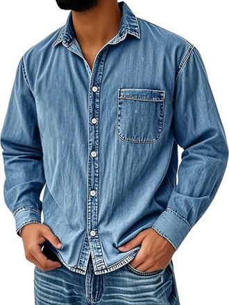 Generic Mens Vintage Washed Denim Shirt Classic Long Sleeve Button Down Shirt Retro Workwear Style with Breast Pockets Casual Slim Fit Denim Top Modern Design