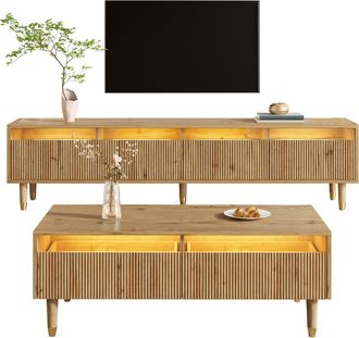 STILVORA Conjunto De Muebles De Sal&oacute;n Con 1 Mueble De Tv 4 Puertas Y 1 Mesa De Centro 2 Cajones, Luz Led, Mdf, Madera