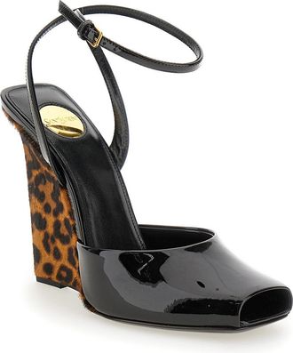 Saint Laurent Womens Scandale Black Wedges With Animalier Print Leather Shoe