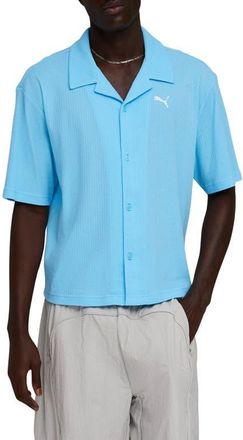 Puma Wardrobe Essentials Waffle Knit Boxy Button-Up Shirt in Vibrant Blue at Nordstrom, Size Xx-Large