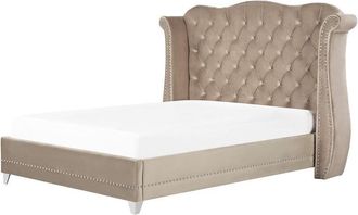 Beliani Beliani - eu Super King Size Velvet Bed Frame 6ft Buttoned Nailhead Trim Slatted Taupe Ayette
