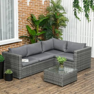 OUTSUNNY 3 Pcs Rattan Corner Sofa Set Coffee Table Garden Furniture w/ Cushion in Grey