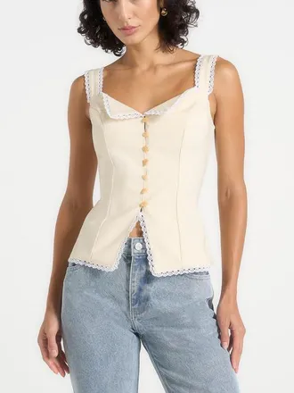 Mani&egrave;re De Voir Delia Linen Lace Trim Corset Top in Natural at Nordstrom, Size 10