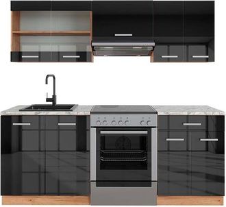 Vicco Cucina componibile R-Line, Antracite lucido/oro power oak, 200 cm, PL Marmo, Vicco