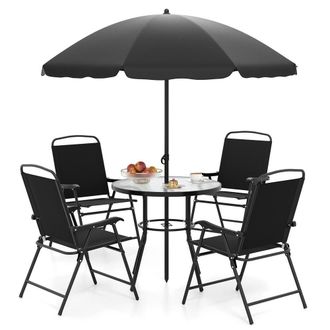 Costway Costway 6 PCSs Patio Dining Set with Umbrella Outdoor Table & Chairs Set in Black