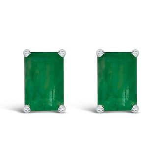 House of Brilliance 14K Gold 6x4MM Emerald Shaped Gemstone Solitaire Stud Earrings in Green Emerald | White at Nordstrom