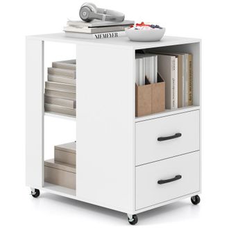 Costway End Side Table Rolling Nightstand with Storage Drawers & Shelves-White
