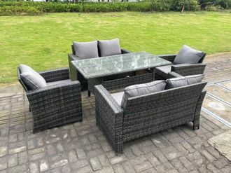 Fimous 6 Seater Outdoor Dark Grey Mixed High Back Rattan Sofa Dining Table Set Garden Furniture Arm Chairs Love Sofa
