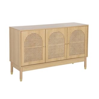 Sweeek Aparador con decoraci&oacute;n madera y mimbre 3 puertas, 120cm, natural
