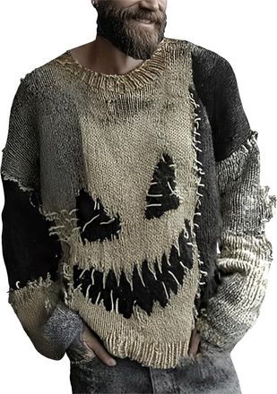 Generic Halloween Knitted Sweater Men, Funny Pumpkin Face Pullover Casual Stylish Hooded Sweatshirt Long Sleeve Vintage Crew Neck Tops Spooky Horror Knit Cozy