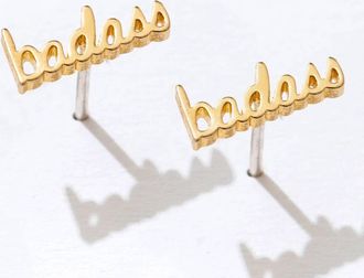 Larissa Loden Womens Badass Script Studs Earring In Gold Plated